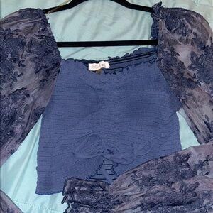 Elegant Blue Lace Sleeve Top